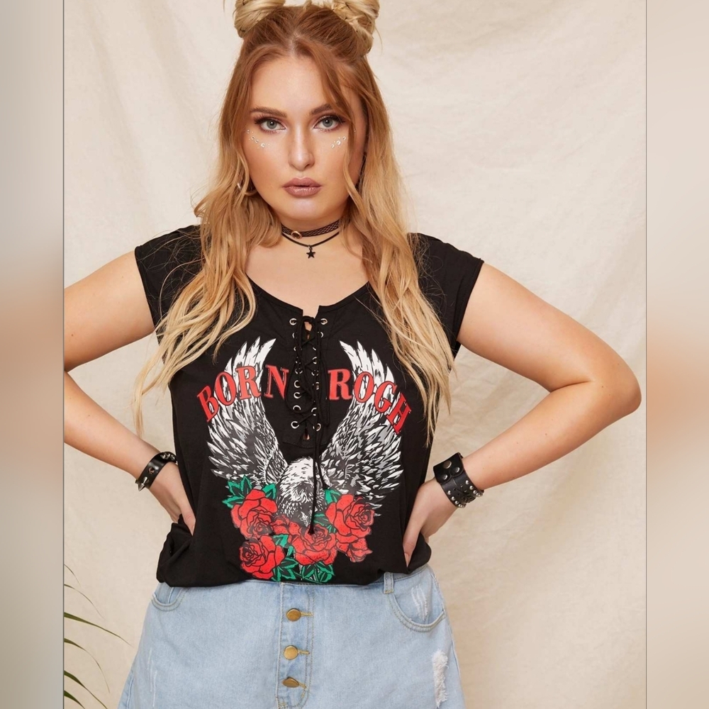 PUNK Plus Eagle And Floral Print Lace Up Tank Top 3XL Alternative
